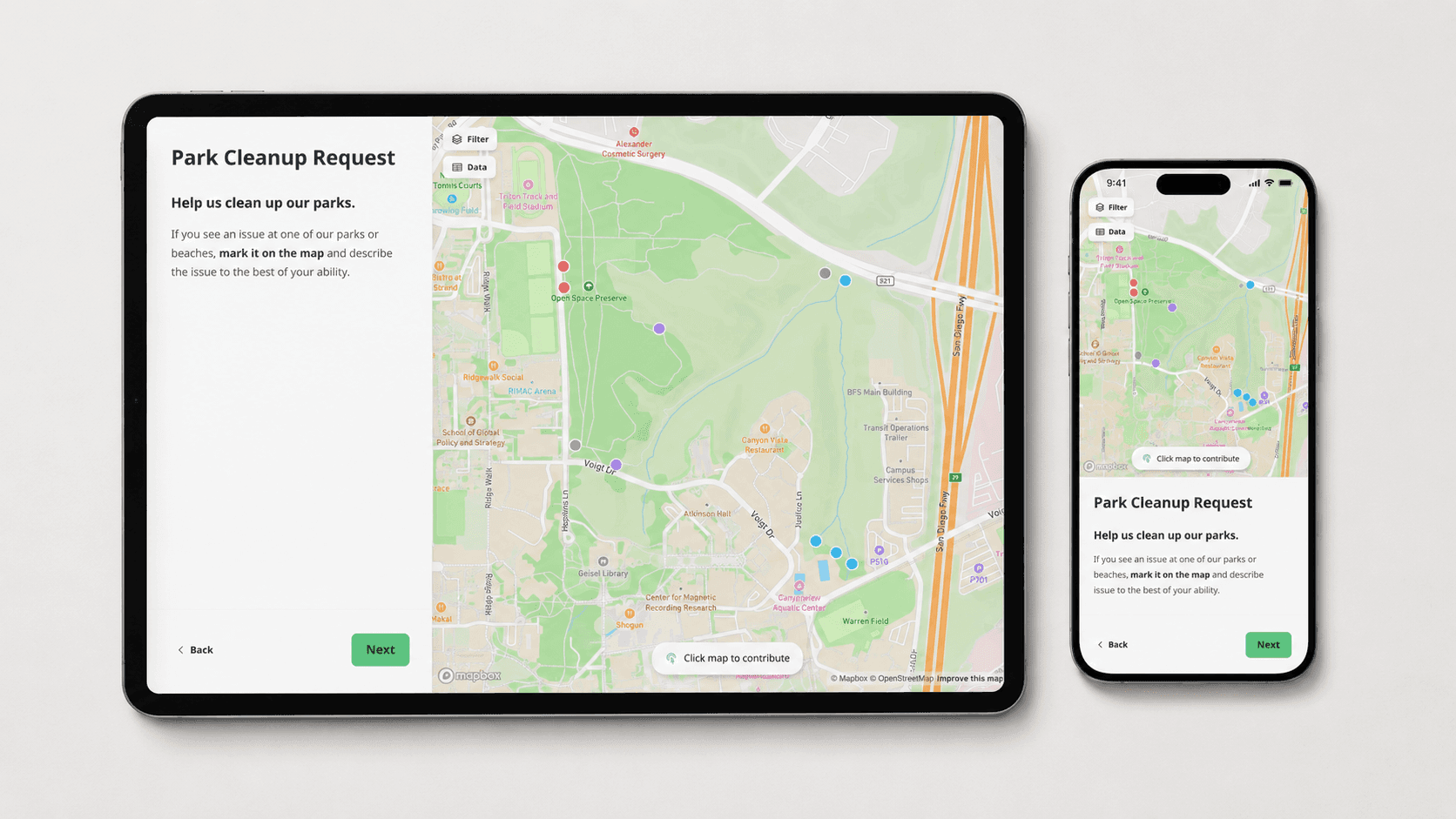 Mapperoni park cleanup request survey displayed on a laptop